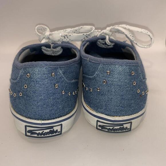 Sebastino Womens Low Top Denim Sneaker Flat Shoes Blue Silver Metal Lace Up Sz 8 - Picture 3 of 8